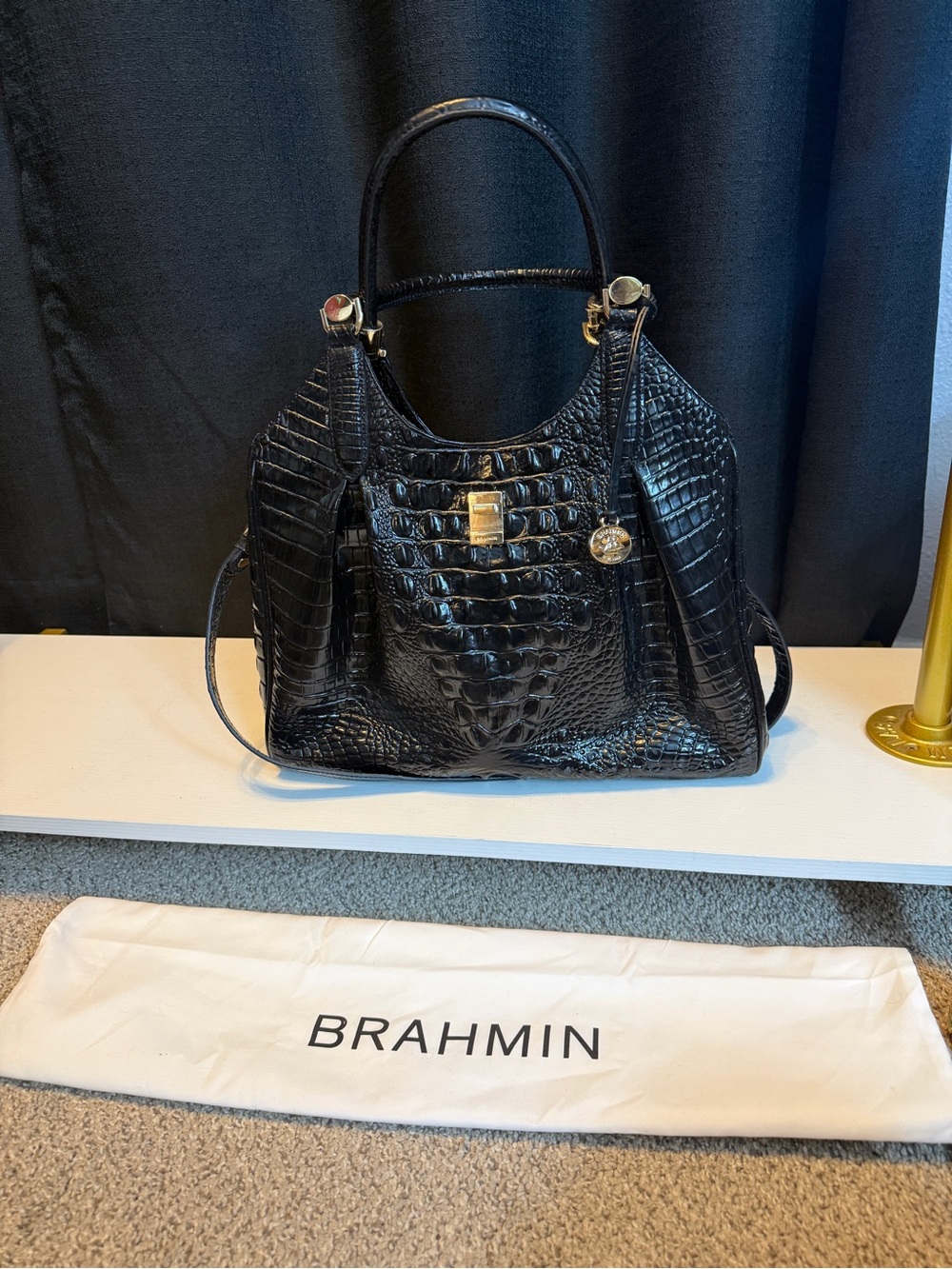 Brahmin Croc-Embossed Melbourne Elise Black Leather Shoulder Bag w/crossbody